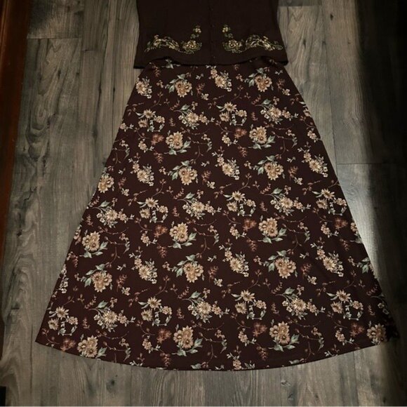 Jaclyn Smith Vintage Floral Two-Piece Set Brown Top M Maxi Skirt L Cottagecore - Picture 4 of 10